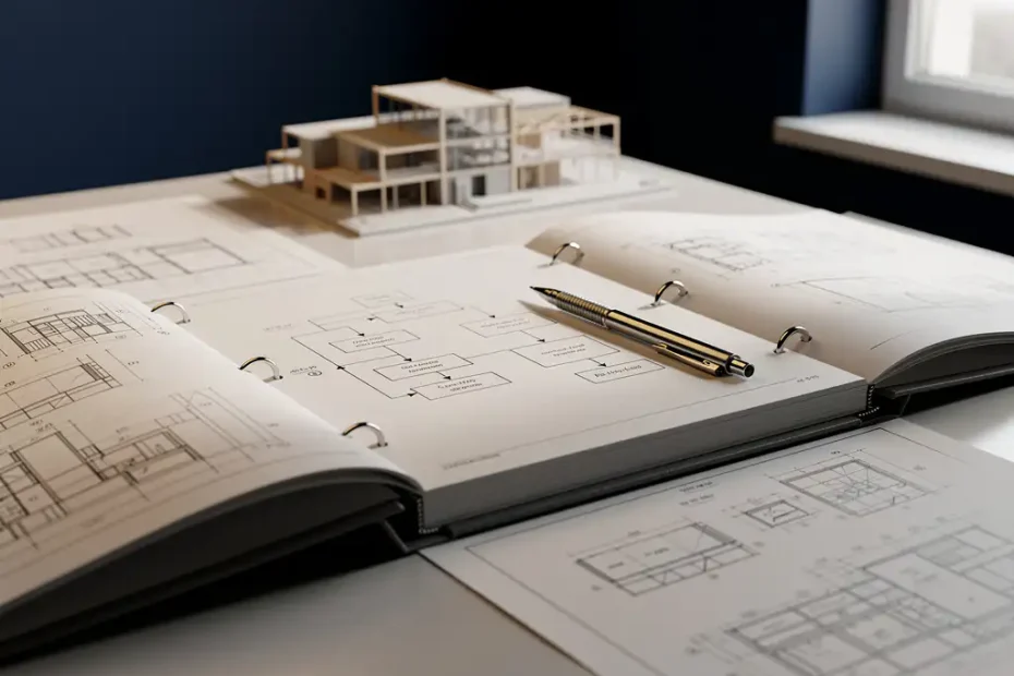 Open technische map met precisietekeningen en stroomdiagrammen op modern bureau, mechanisch potlood, architectuurmaquette op achtergrond.