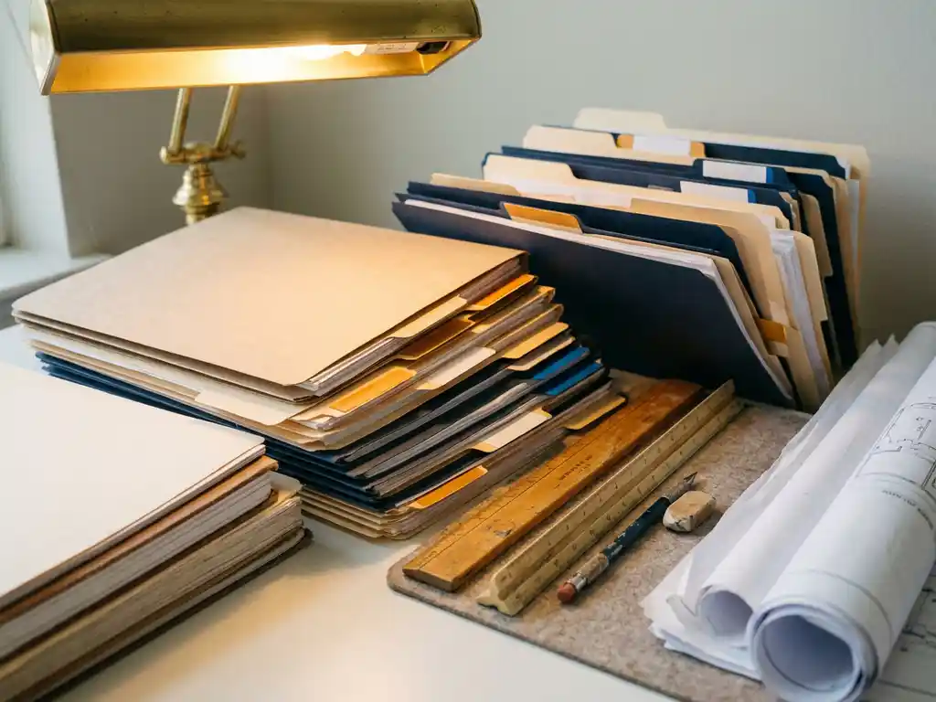 Georganiseerd architectenbureau met kleurgecodeerde projectmappen, technisch liniaal en mechanisch potlood onder warm bureaulamplight.