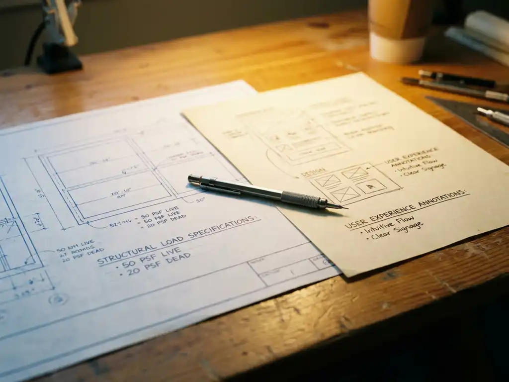 Architectentekentafel met technische documenten voor constructiebelasting en UX-annotaties, mechanisch potlood erop, warm lampicht.