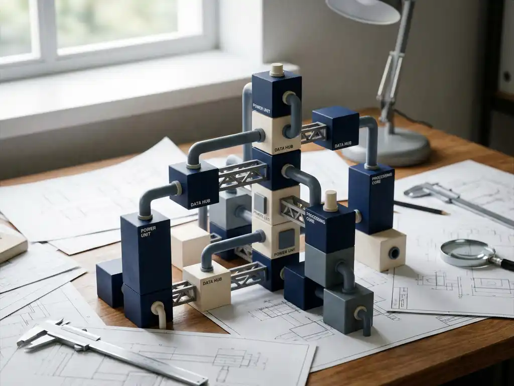 3D-schaalmodel van een architectonisch systeemdiagram op een bureau, met hiërarchisch gerangschikte modulaire blokken en technische tekeningen.