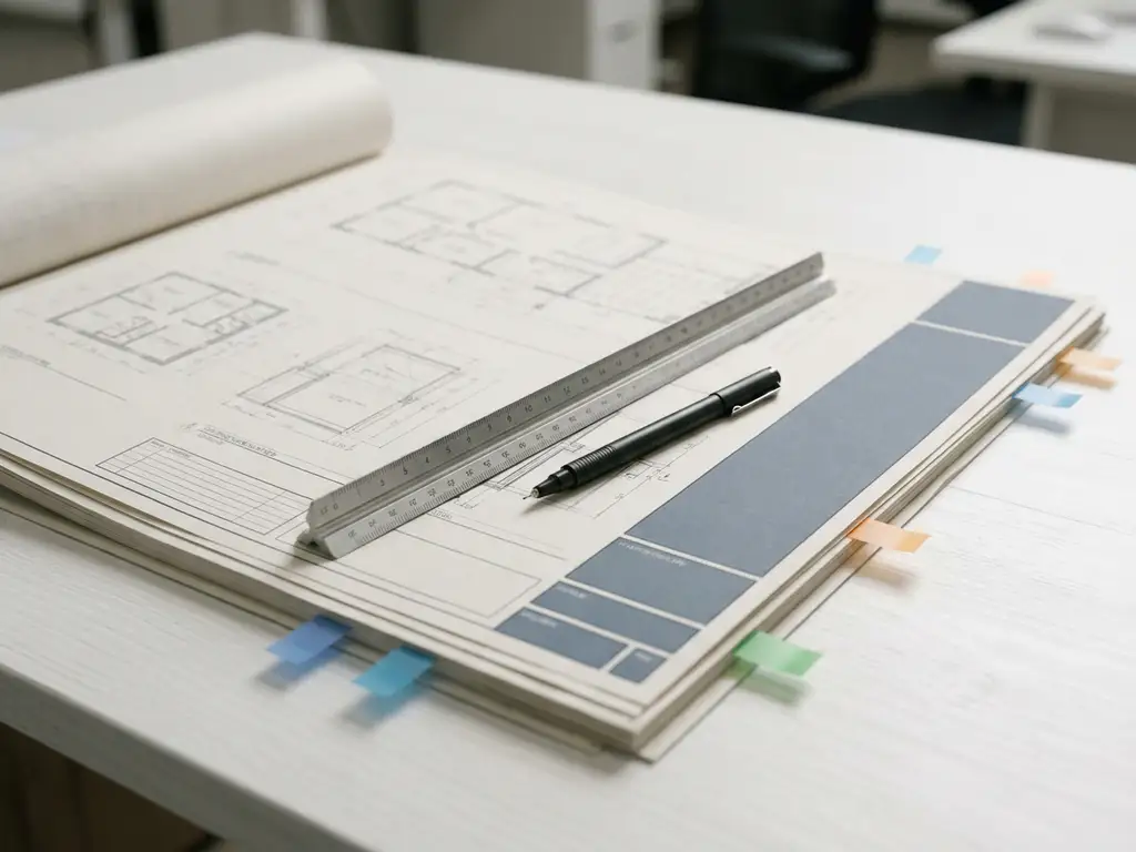 Opengevouwen technische bouwtekening op wit bureau met architectenliniaal, pen en gekleurde tabbladen.
