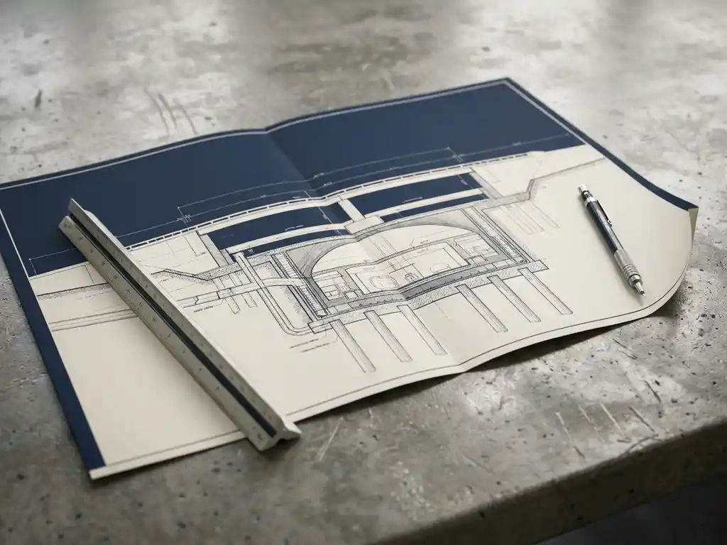 Architecturaal dwarsdoorsnede-blauwdruk op betonnen bureau, verzwaard door een meetlat en mechanisch potlood, structurele lagen van civiele infrastructuur zichtbaar.