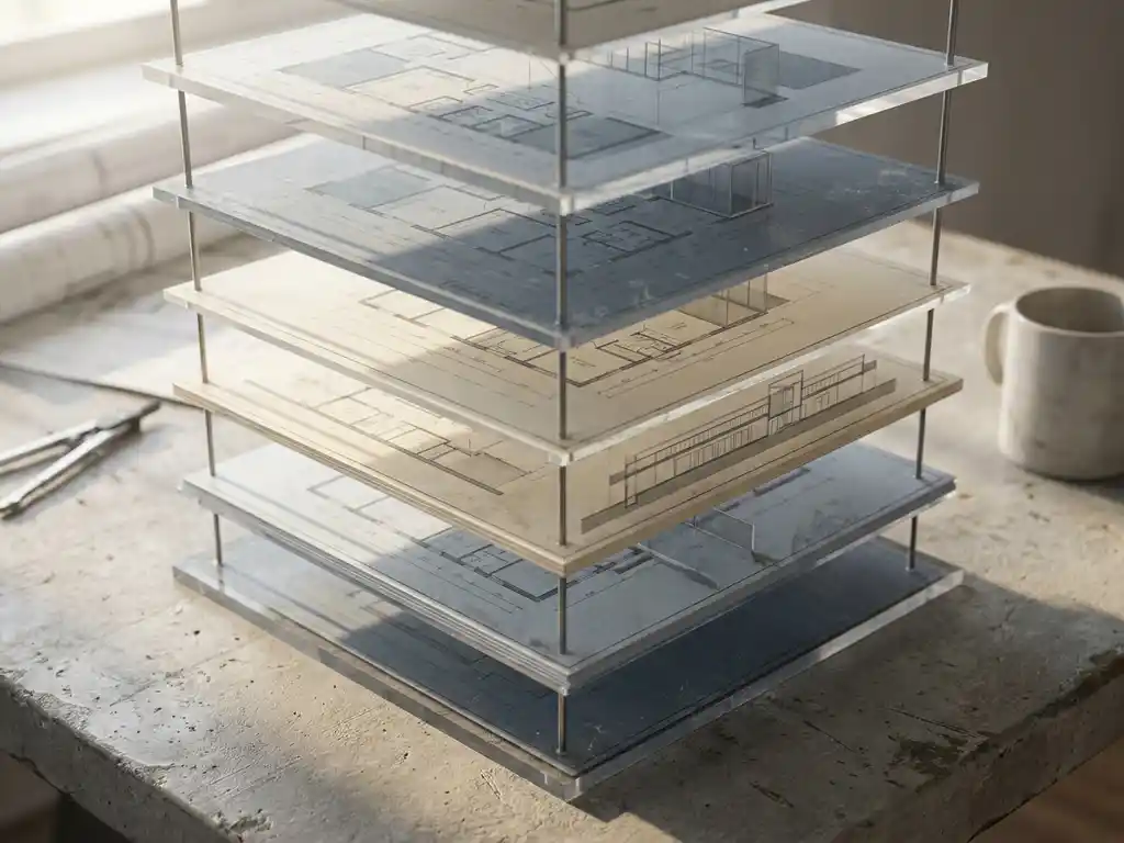 Gelaagd architectonisch blauwdrukmodel met gestapelde tekeningen verbonden door stalen staven op betonnen bureau.