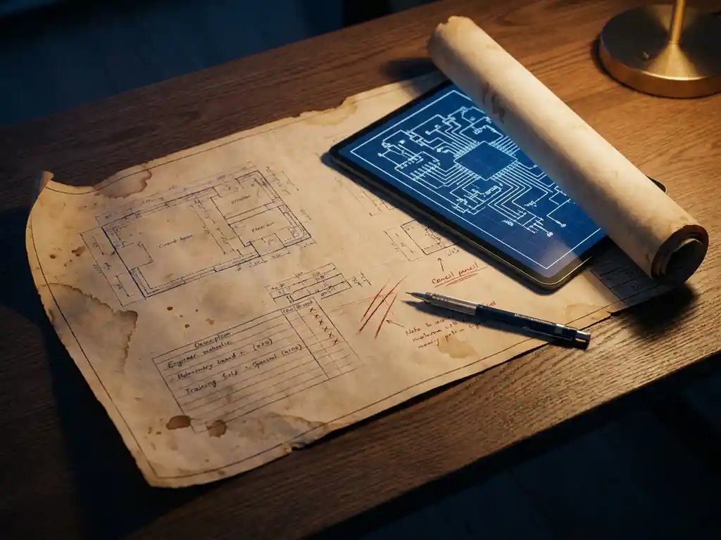 Versleten technische tekening op bureau naast gloeiend digitaal schema op scherm, met rood gecorrigeerde aantekeningen en mechanisch potlood.