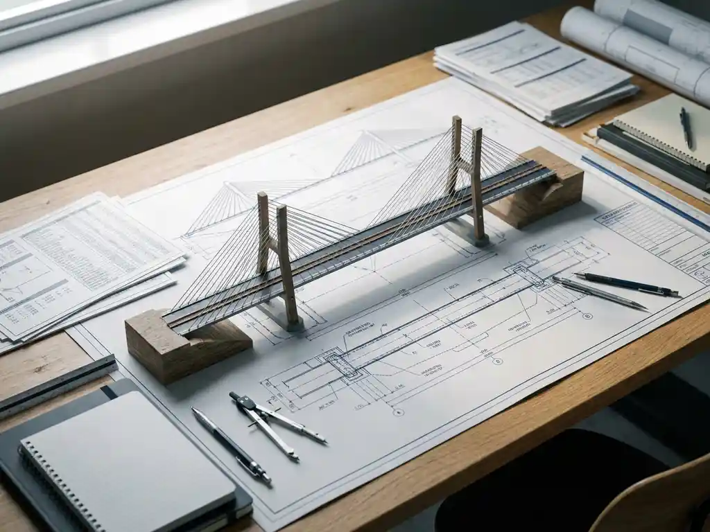 Schaalmodel van een brug op een technische blauwdruk, omringd door referentiedocumenten op een modern bureau.