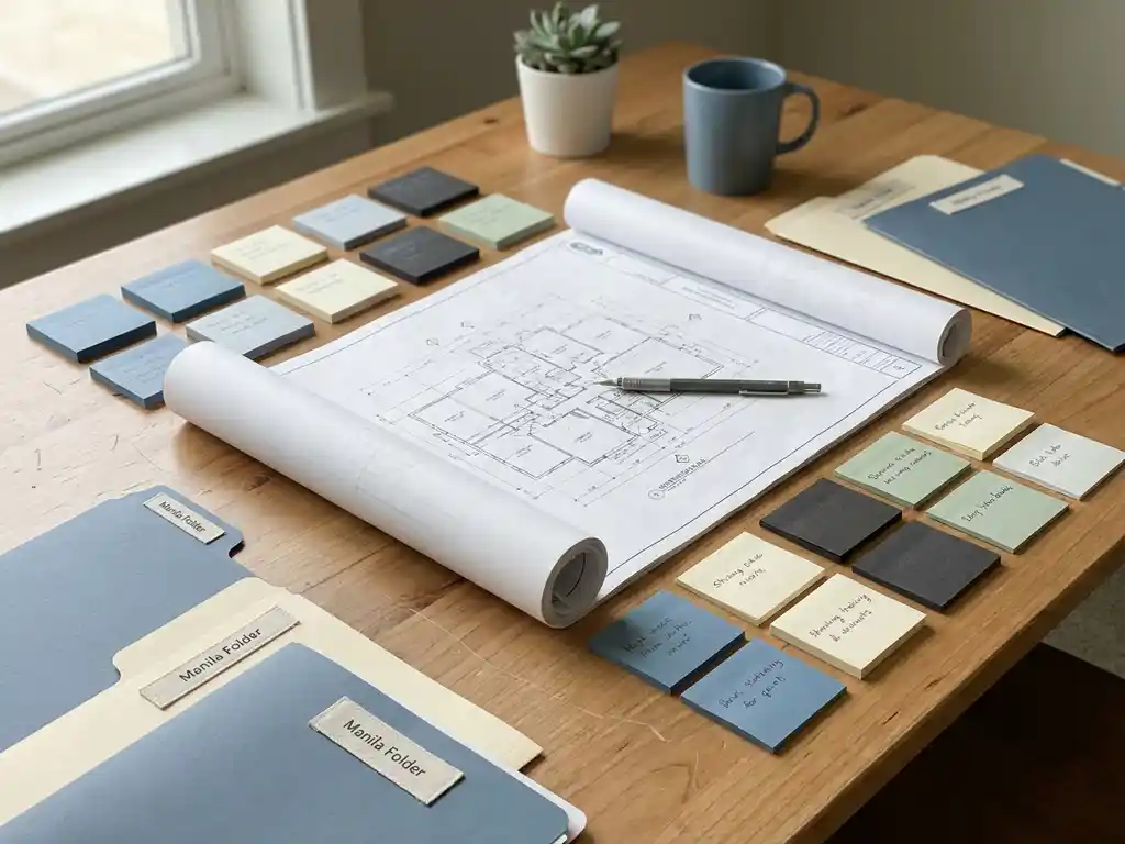 Projectblauwdruk op modern bureau met kleurgecodeerde sticky notes, documentmappen en mechanisch potlood in natuurlijk daglicht.
