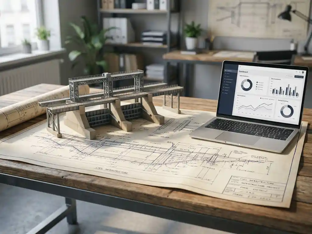 Architectuurblueprint op engineeringbureau met schaalmodel van civiele infrastructuur en laptop met datadiagram.
