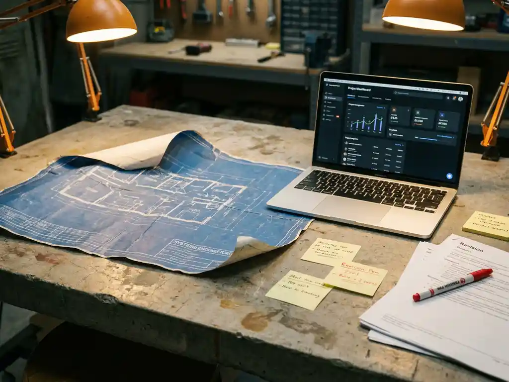 Gekreukelde systeemtechnische blauwdruk met verkeerd uitgelijnde structuurdiagram op betonnen bureau, laptop en revisie pen ernaast.