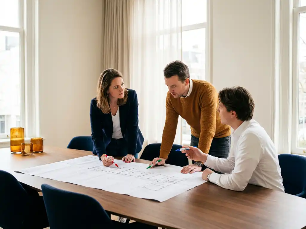 Drie professionals bespreken een architectonische plattegrond op een vergadertafel in een modern Nederlands kantoor met natuurlijk daglicht.