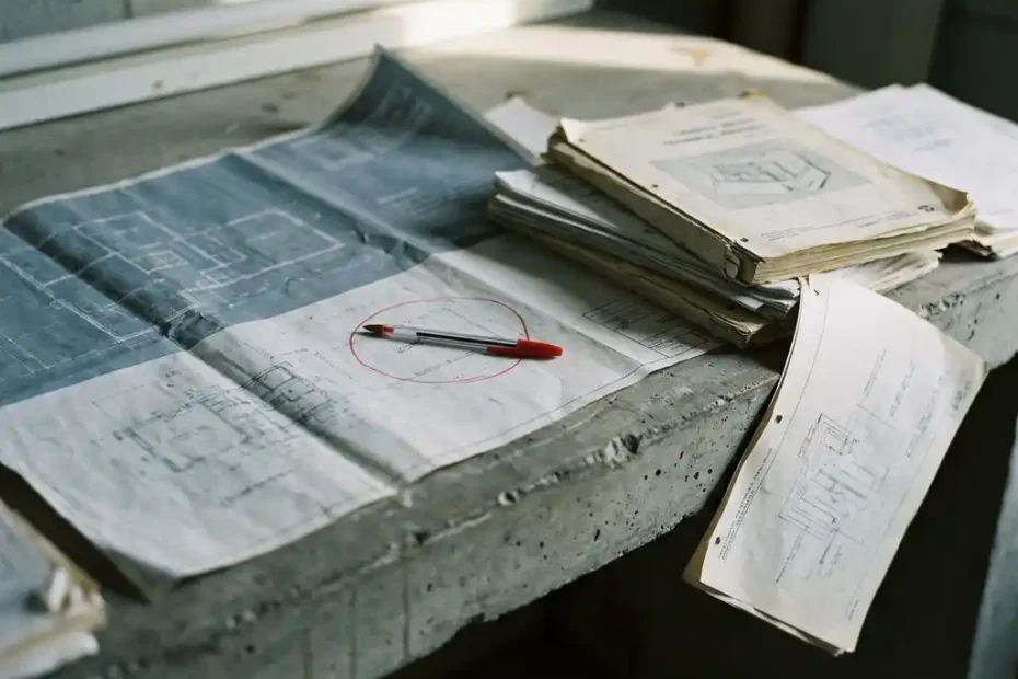 Verfrommelde technische tekening op betonnen bureau met rood omcirkeld probleemgebied en stapel technische documenten onder tl-verlichting.