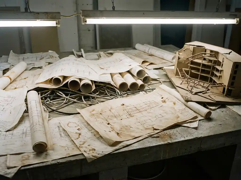 Verfrommelde technische blauwdrukken en constructietekeningen verspreid over een betonnen bureau, met een gebarsten architectuurmaquette en verstrengelde kabels.