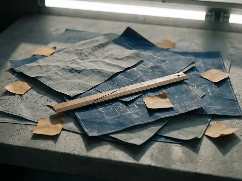 Omgevallen stapel architectuurtekeningen en technische documenten op betonnen bureau met gebarsten liniaal en gekrulde sticky notes.