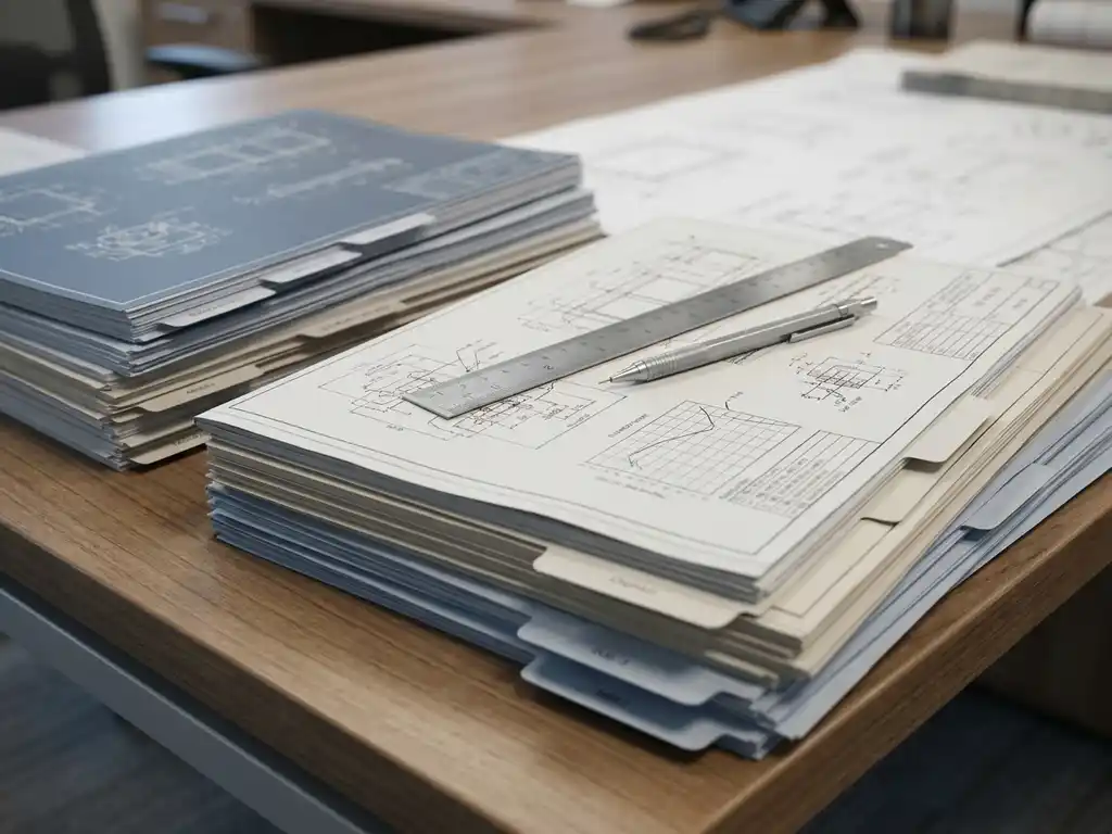Gelaagde technische blauwdrukken en specificatiedocumenten op modern bureau, met metalen liniaal en mechanisch potlood.