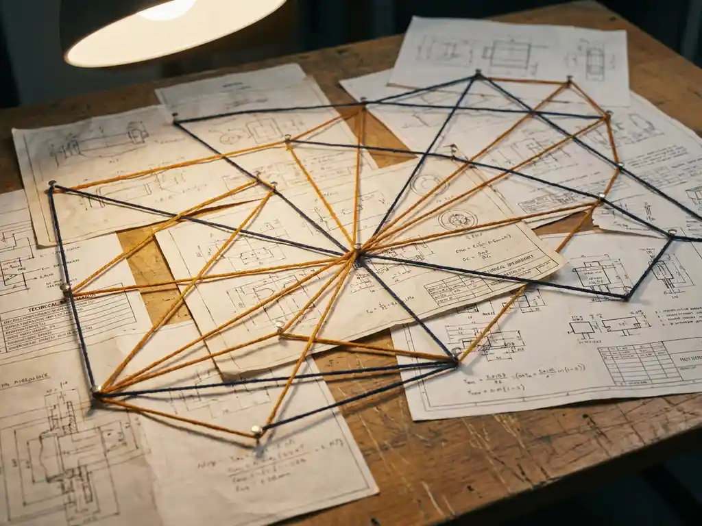 Kleurrijke pinnen en touwtjes verbinden technische blauwdrukken en componentdiagrammen op een grote tekentafel, bovenaanzicht.