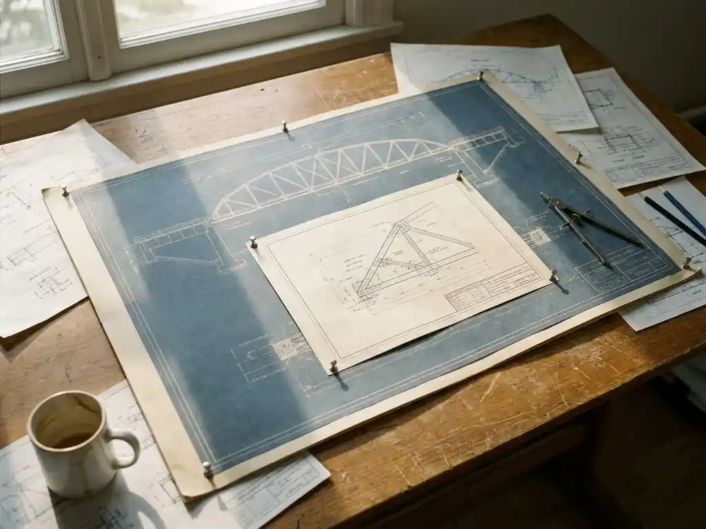 Gedetailleerde brugtekening op een tekentafel met een ingenieurschema genest in één sectie, omringd door technische documenten.