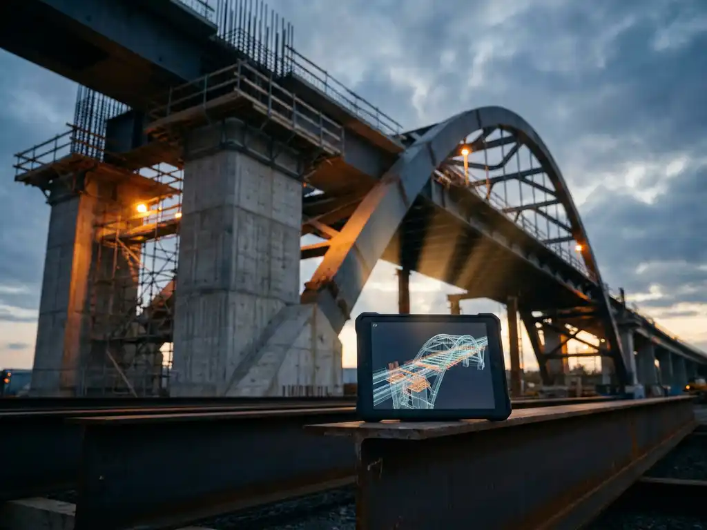 Betonnen brugoverspanning in aanbouw vanuit laag camerastandpunt, met ingenieurstablet met 3D-model tegen stalen balk in voorgrond.