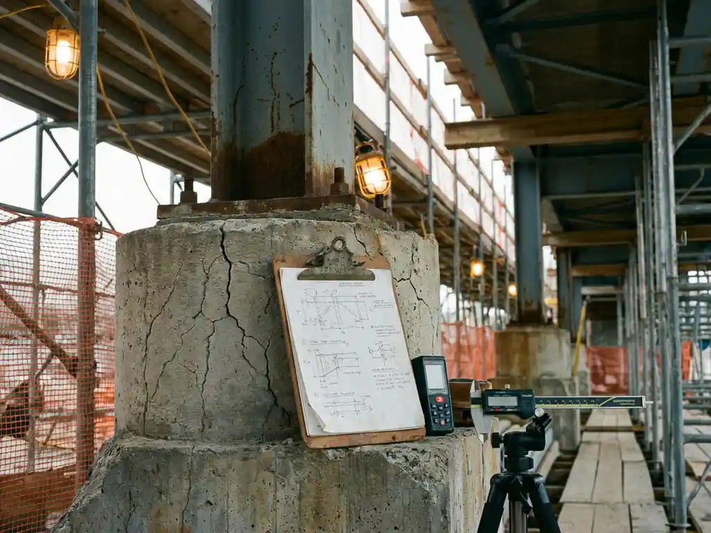 Ingenieur inspecteert gebarsten betonnen bruggenpijler met klembord vol systeemdiagrammen en meetinstrument in industrieel licht.