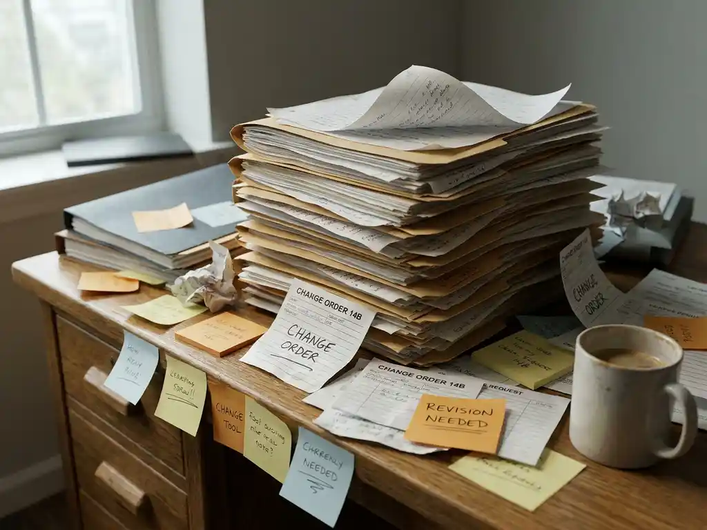 Stapel overvolle manilamappen met handgeschreven wijzigingsverzoeken en plakbriefjes verspreid over een eiken bureau.