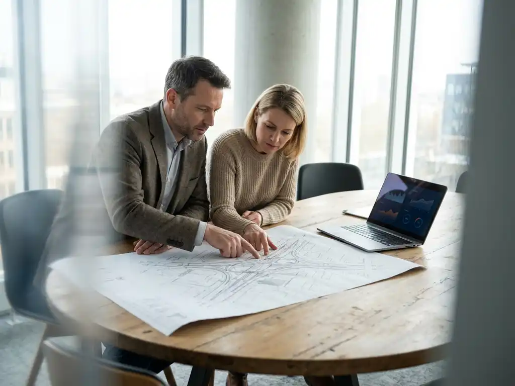Civiel ingenieur en opdrachtgever bestuderen samen een technische tekening op een vergadertafel, met laptop en systeemdiagrammen.