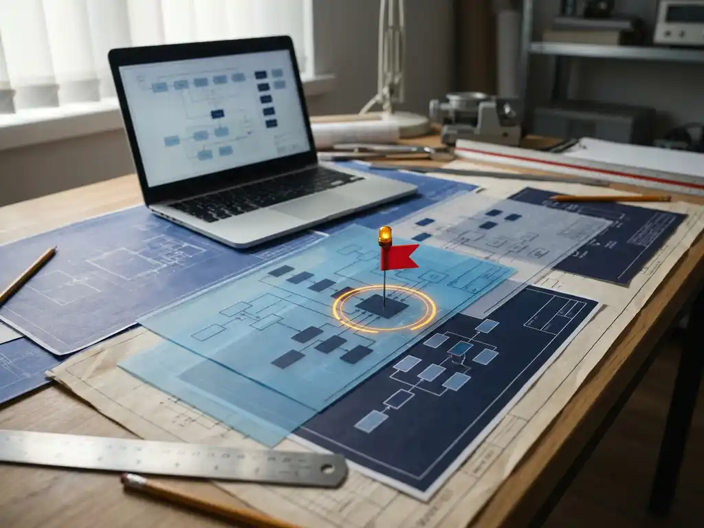 Technische systeemdiagrammen met verbonden knooppunten op een bureau, met een rood gemarkeerde component als waarschuwingssignaal.