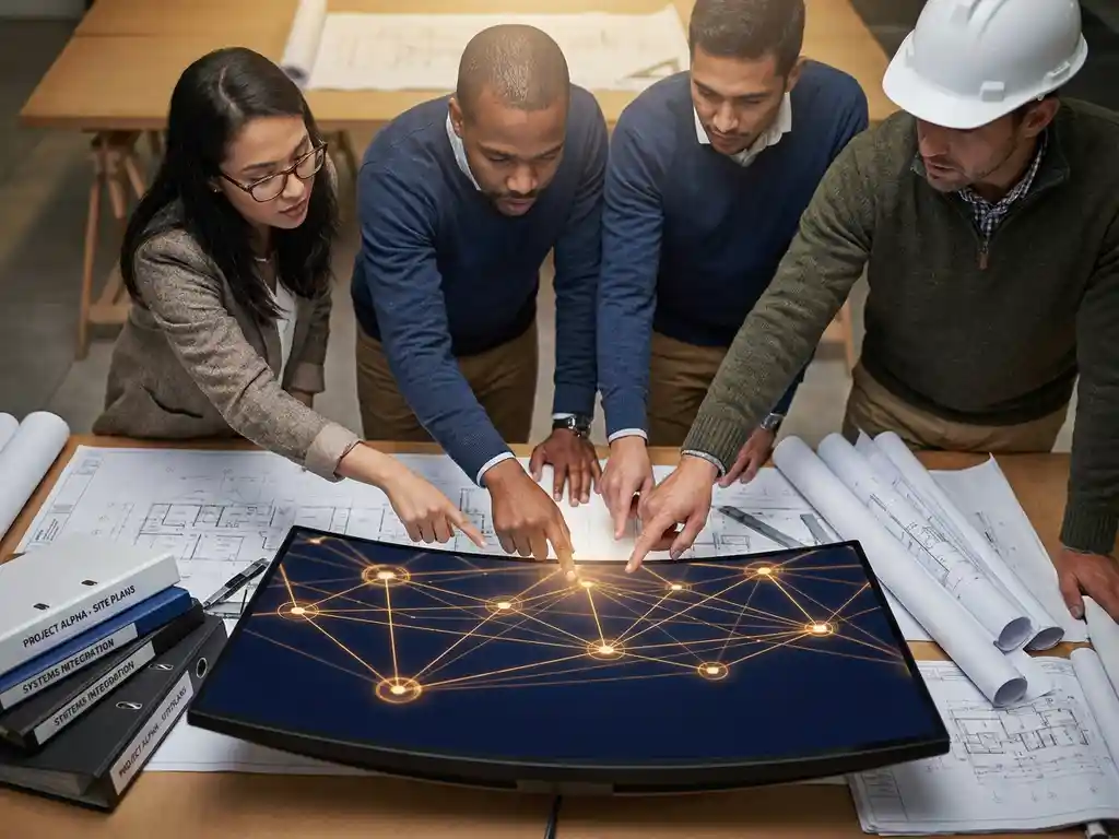Diverse stakeholders bestuderen een digitaal knooppuntennetwerk op een monitor, omringd door civiele techniek blauwdrukken en projectmappen.