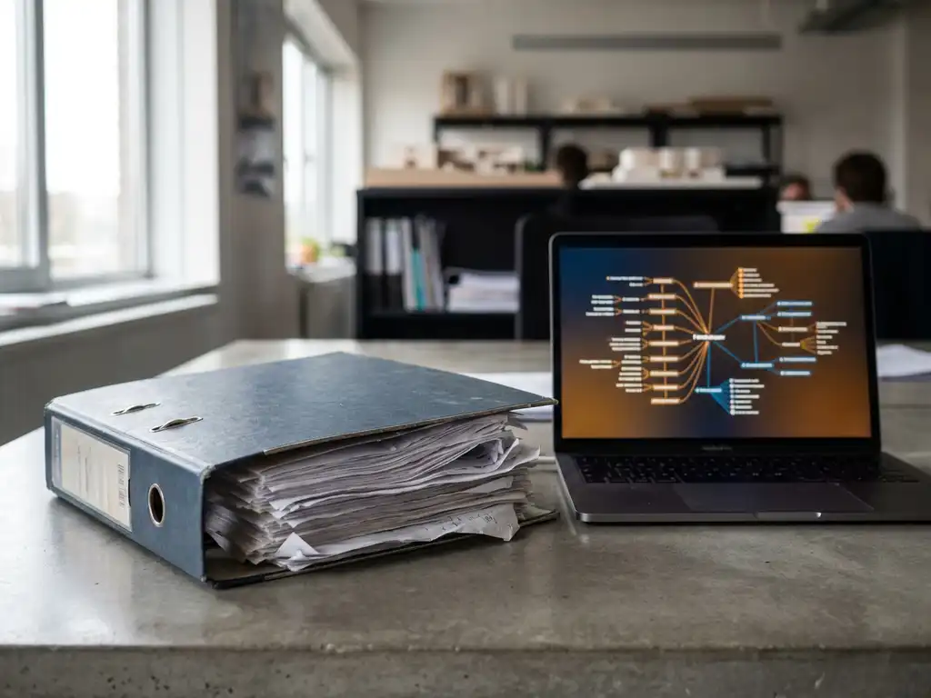 Overvolle technische ordner met losse documenten naast laptop met gestructureerd projectnetwerk op betonnen bureau in modern Nederlands ingenieurskantoor.