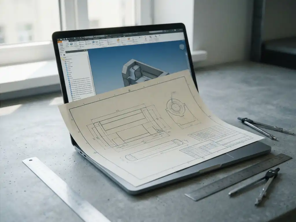 Technisch engineeringdiagram op papier naast een laptop met digitale assetbeheerinterface op een betonnen bureau met passer en liniaal.