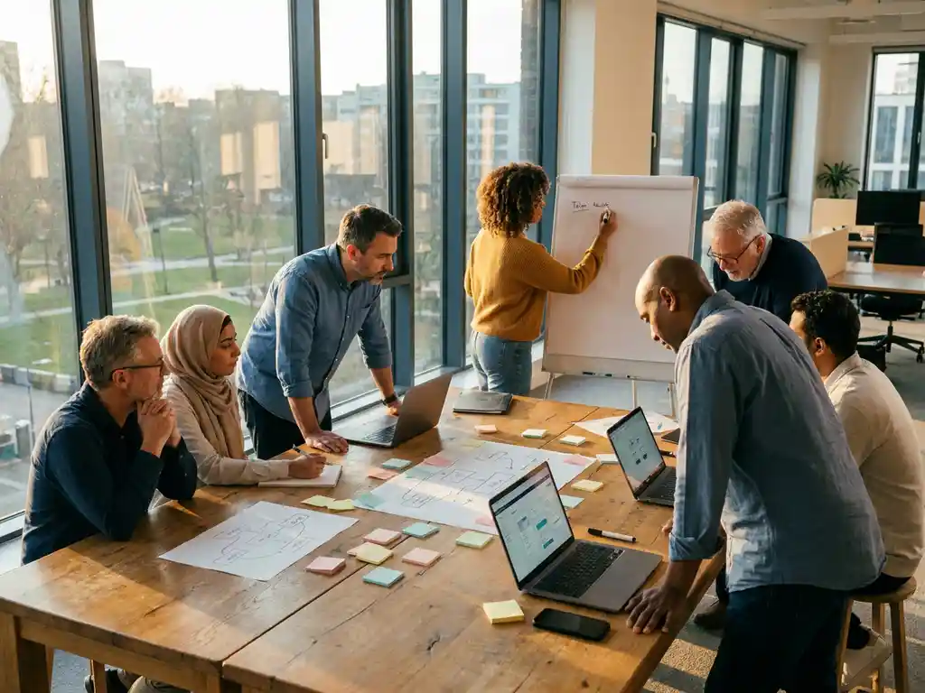 Diverse groep gebruikers rond eikenhouten tafel met sticky notes en vereistendiagrammen tijdens een requirements-sessie in modern kantoor met vloer-tot-plafond ramen.