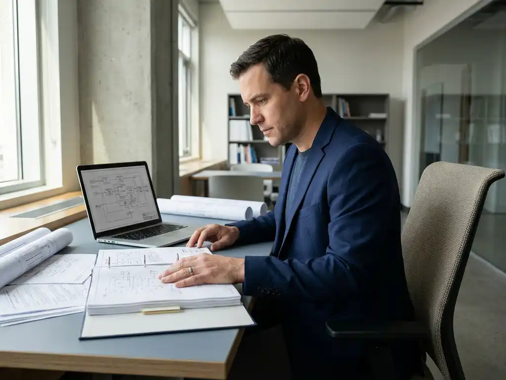 Lead systems engineer bekijkt technisch projectdocument aan modern bureau met engineeringdiagrammen en laptop in professioneel kantoor.