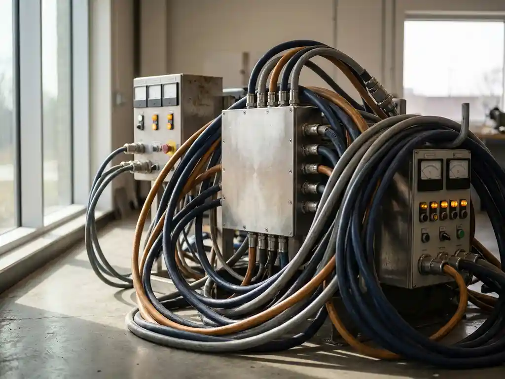 Dicht netwerk van industriële kabels en connectoren tussen besturingspanelen, met centrale verdeelkast in modern engineeringwerkruimte.