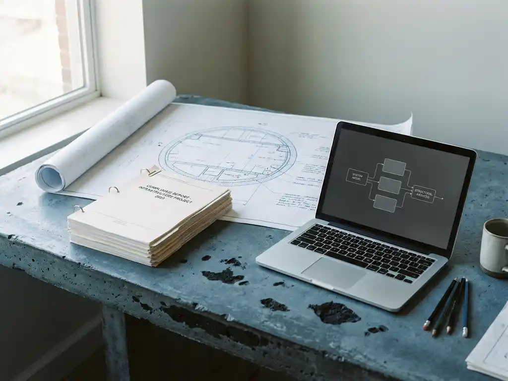 Stapel infrastructuur compliance-documenten onder een blauwdruk van een tunneldoorsnede, naast laptop met systeemmodel op betonnen bureau.
