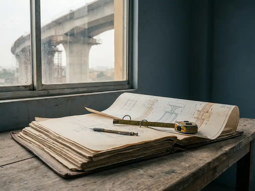 Open contractmap met technisch eisendocument op een bouwplaatstafel, mechanisch potlood en meetlint erbovenop, betonnen brug zichtbaar op de achtergrond.