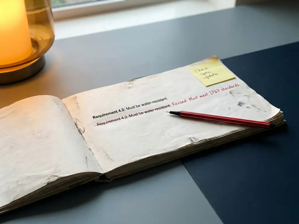 Versleten technisch notitieboek opengeslagen op modern bureau, met rode pen die een vereiste doorstreept en handgeschreven correctie ernaast.