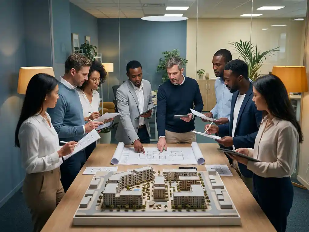 Diverse groep ingenieurs en projectmanagers rond een architectuurmaquette, gezamenlijk een blauwdruk raadplegend in modern kantoor.