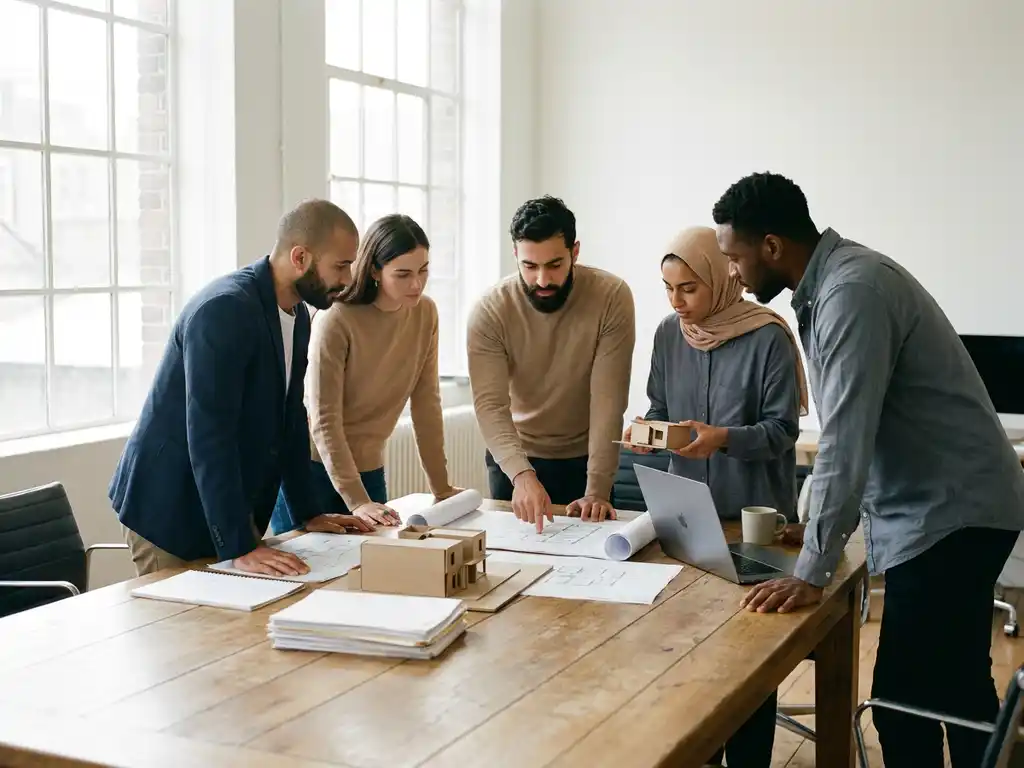 Diverse groep ingenieurs en architecten rond eikenhouten tafel met technische tekeningen, schaalmodellen en vereistendocumenten in warm kantoorlicht.