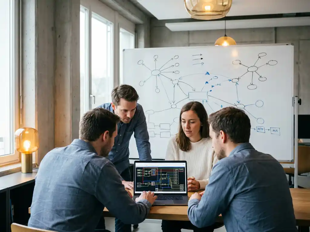 Klein engineeringteam dat samenwerkt rond een laptop met systeemdiagrammen, whiteboard met knooppuntschetsen op de achtergrond, moderne werkruimte.