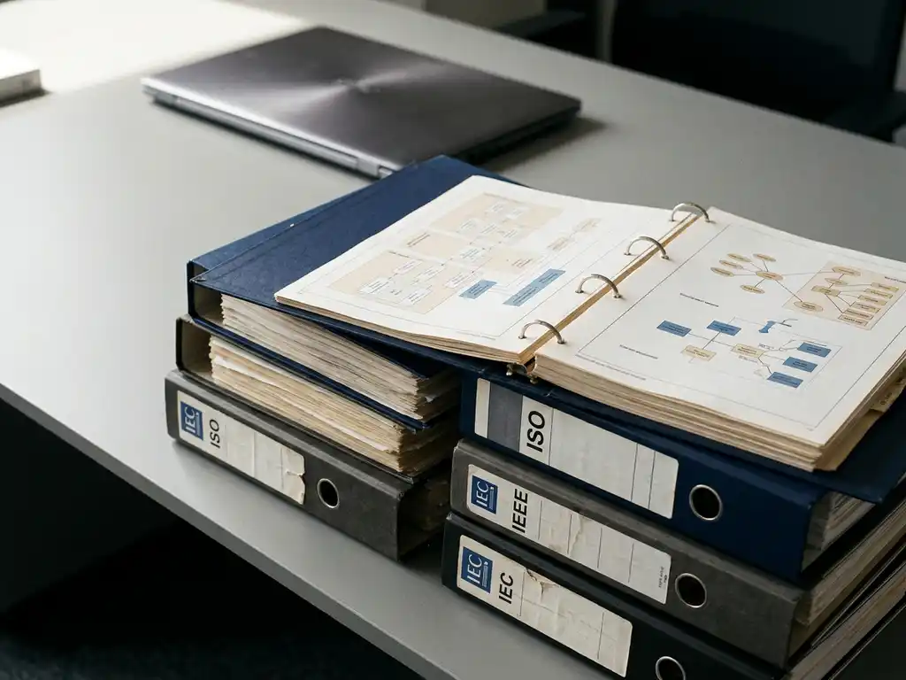 Stapel internationale normdocumenten en technische handleidingen op modern bureau, open map met systeemdiagrammen en knooppuntkaarten.