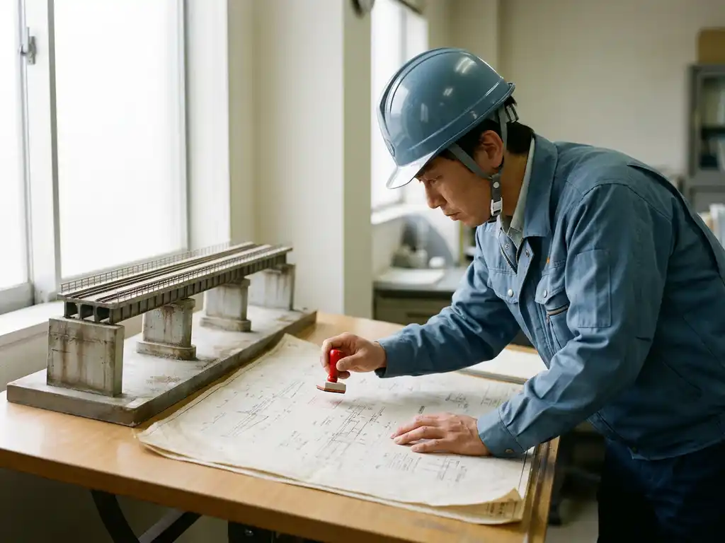 Kwaliteitsinspecteur met helm vergelijkt technische blauwdruk met schaalmodel van brug, rode verificatiestempel in hand.