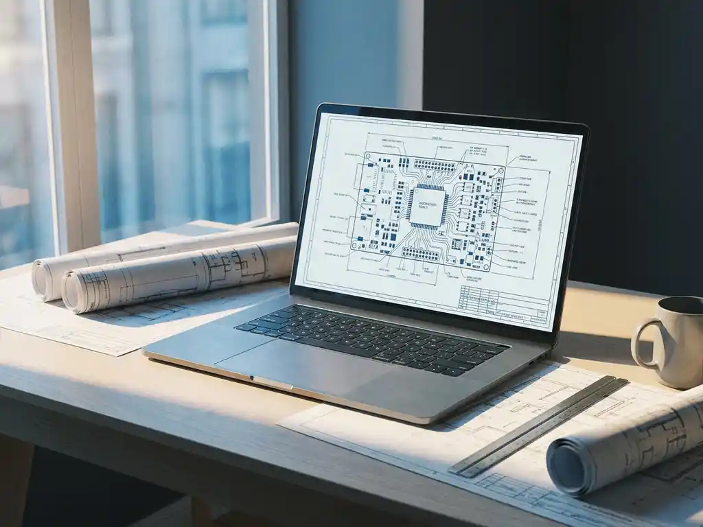 Laptop met technisch constructiediagram op modern bureau, omringd door gedrukte schema's en liniaal in zacht ochtendlicht.