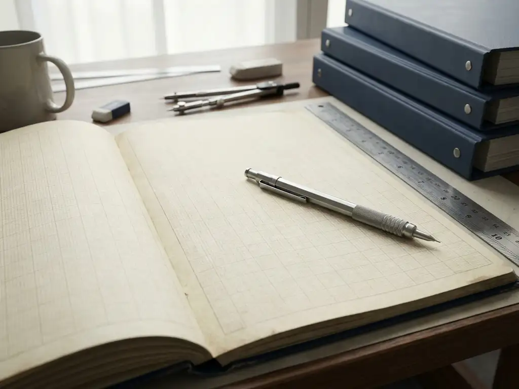 Leeg technisch notitieboek op een tekentafel met een mechanisch potlood, stalen liniaal en ringbanden in zacht natuurlijk licht.