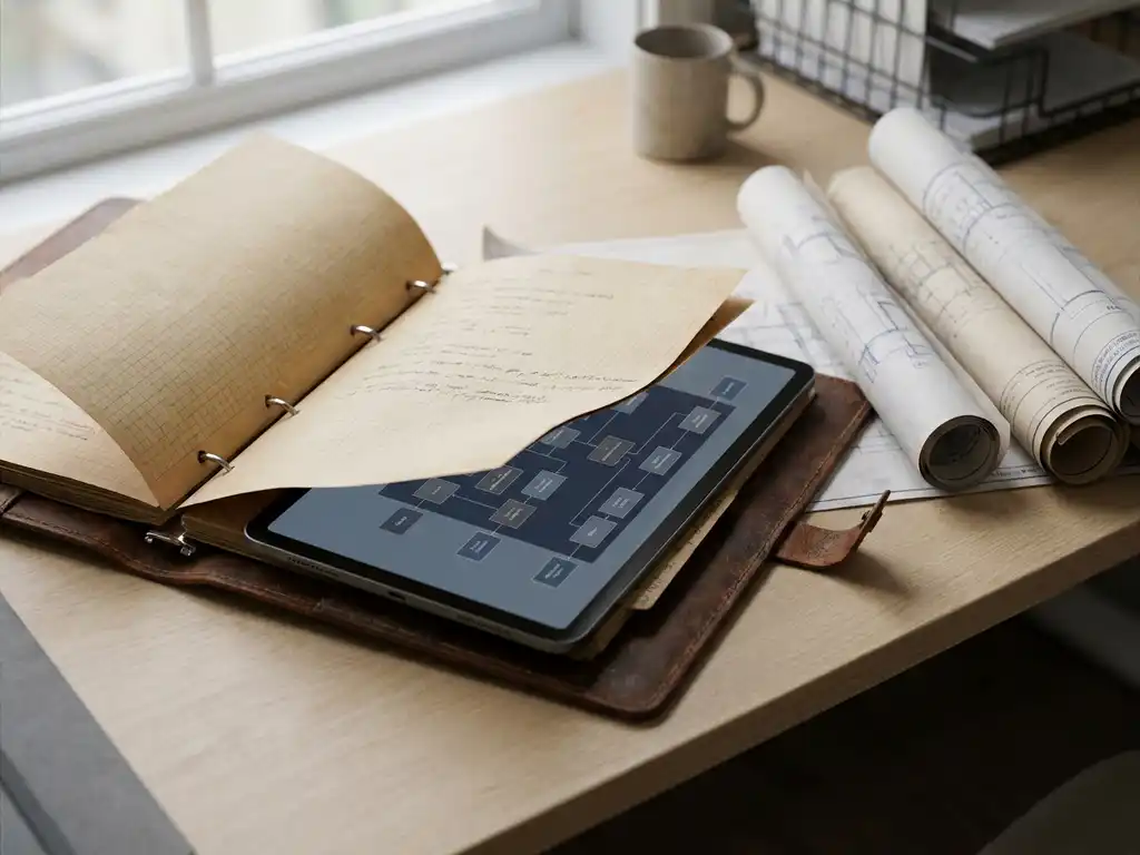 Versleten leren projectmap naast tablet met systeemdiagram en krullende technische tekeningen op modern bureau.