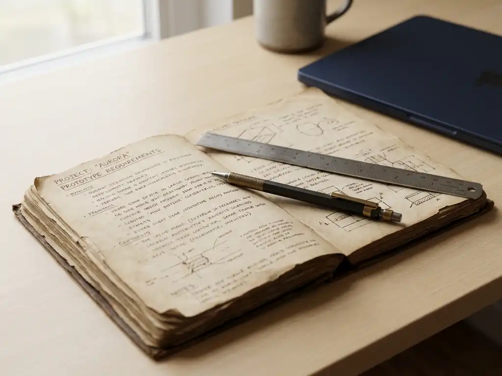Opengeslagen technisch notitieboek met handgeschreven projectvereisten op modern bureau, metalen liniaal en mechanisch potlood erbovenop.