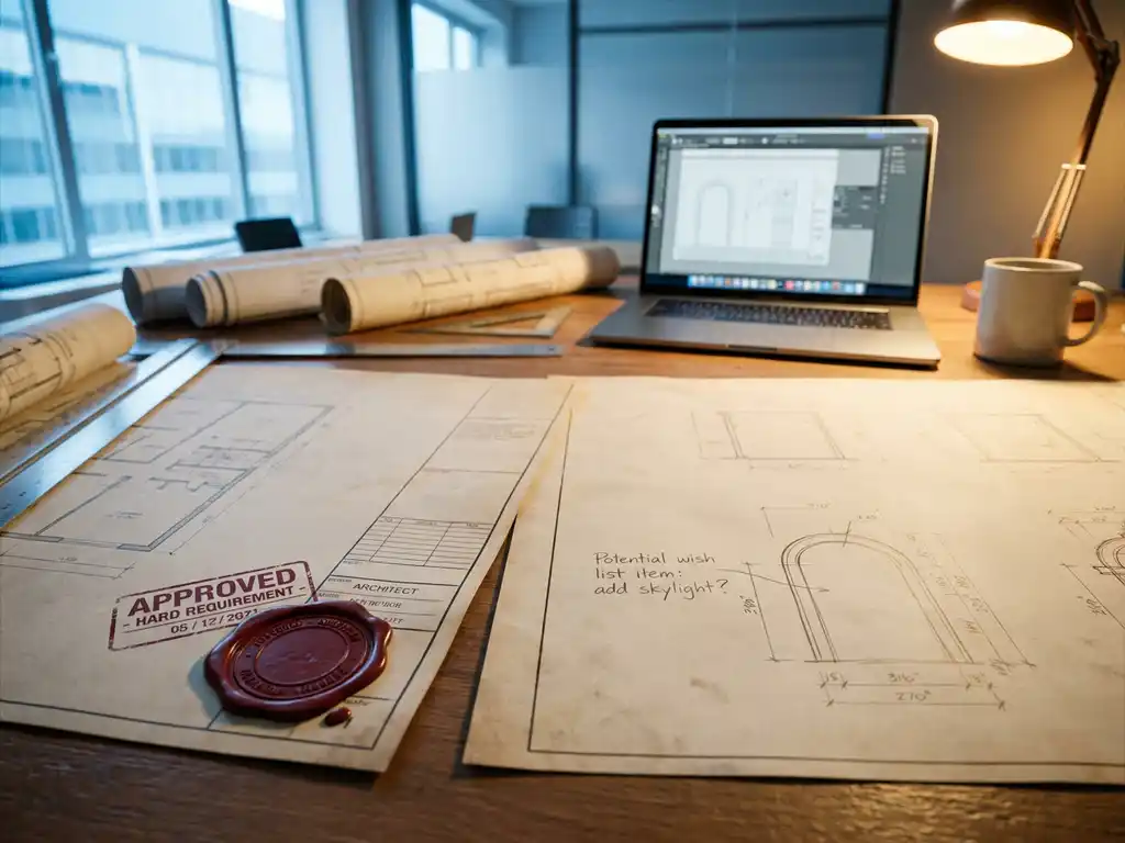 Architectentekentafel met twee projectdocumenten: één met rood officieel zegel, één met potloodaantekening, omringd door technische tekeningen en laptop.