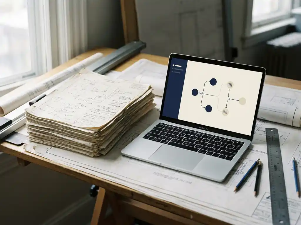 Stapel handgeschreven technische documenten naast laptop met knooppuntdiagram op tekentafel met blauwdrukken.