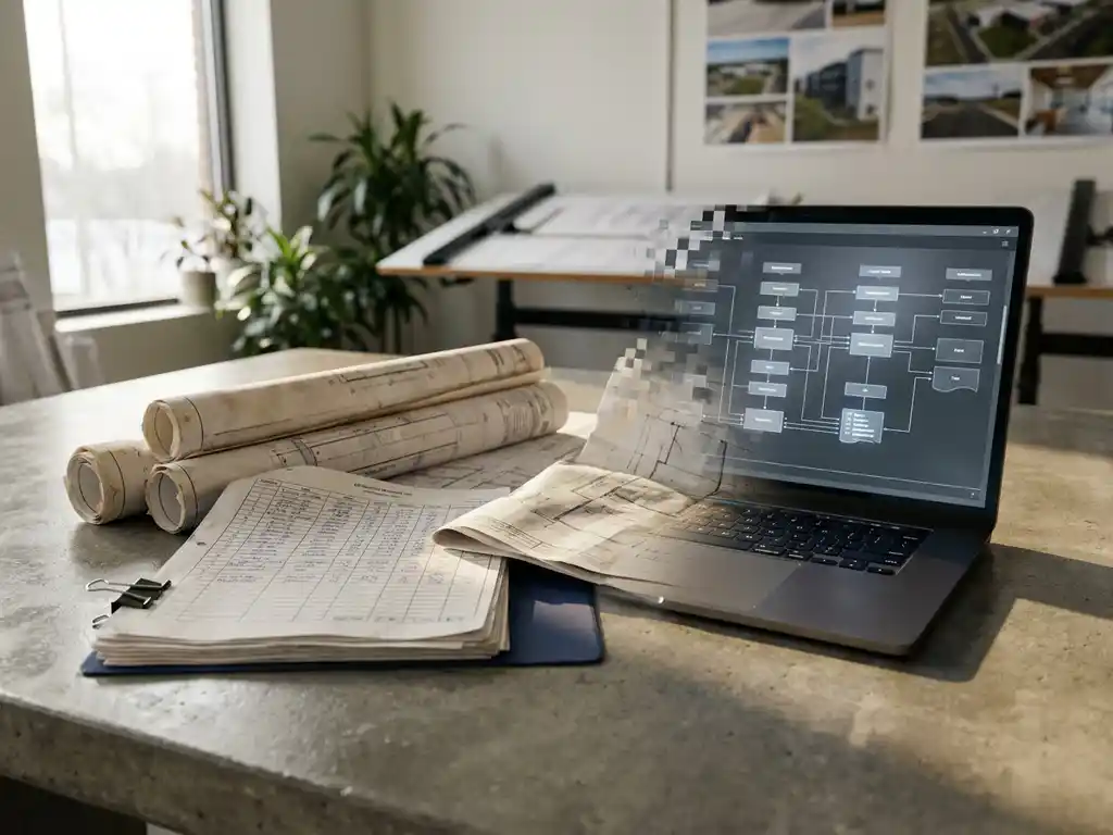 Stapel papieren bouwtekeningen en spreadsheets naast een laptop met een gestructureerd datamodel op een betonnen bureau in een civiel-technisch kantoor.