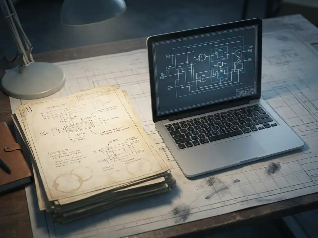 Vergeelde stapel technische documenten naast een laptop met systeemmodel op tekentafel, symboliseert overgang van papier naar digitaal.