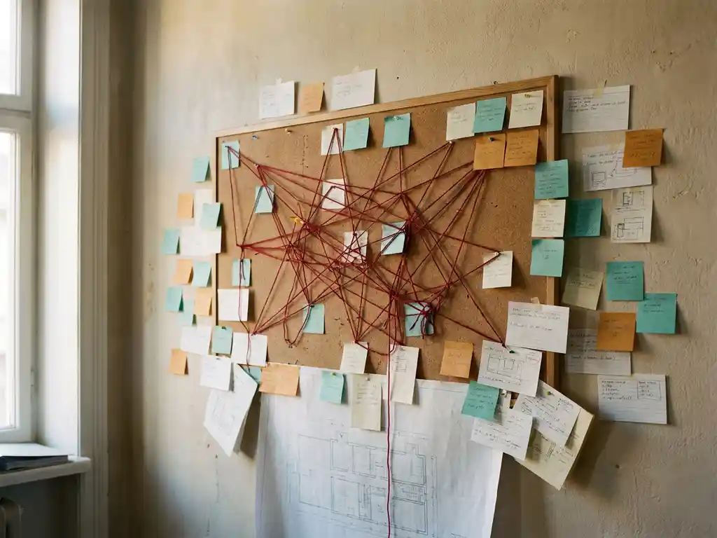 Rood touw en sticky notes op een kurkbord, uitdijend over de muur, met een gedeeltelijk begraven blauwdruk eronder.