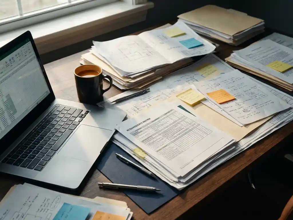 Bureau van projectmanager met vereistenmatrix, engineering documenten, sticky notes, laptop, koffiekop en potlood in warm amberkleurig licht.