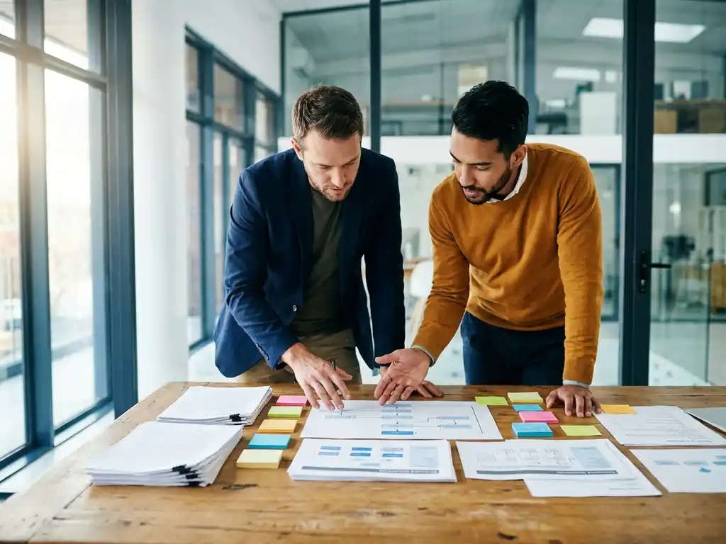 Projectmanager en klant buigen over een eikenhouten tafel met requirementdocumenten en sticky notes in een modern kantoor met glazen wanden.