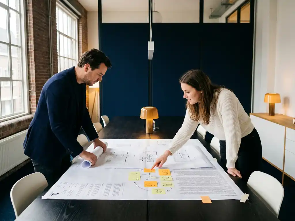 Projectmanager legt gedrukte requirementsdocumenten uit aan collega, met sticky notes en handgetekende diagrammen op conferentietafel in Amsterdams kantoor.